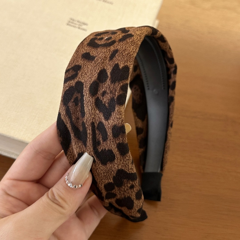 Široka traka za kosu s leopard uzorkom za žene, korejskog stila s visokom krunom, retro