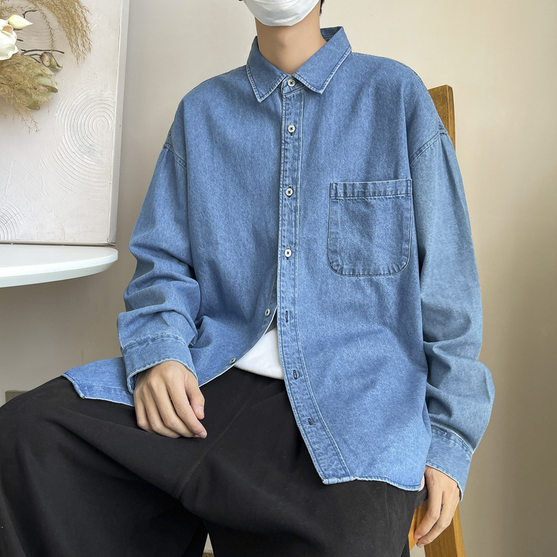 Muška denimska košulja-kardigan u američkom retro stilu, dugi rukav, proljeće, opušten kroj, casual gornji dio za radno okruženje