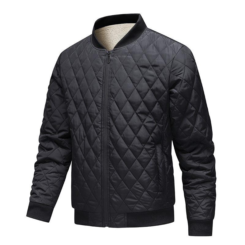 Férfi téli dzseki fleece béléssel, vastag gyémántmintás steppelt, baseball gallérrel, nagy méret