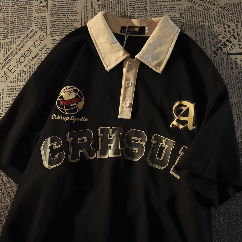 Muška polo majica s kratkim rukavima, japanski Harajuku stil, ljeto 2023, mlada moda, pruge i vezenje