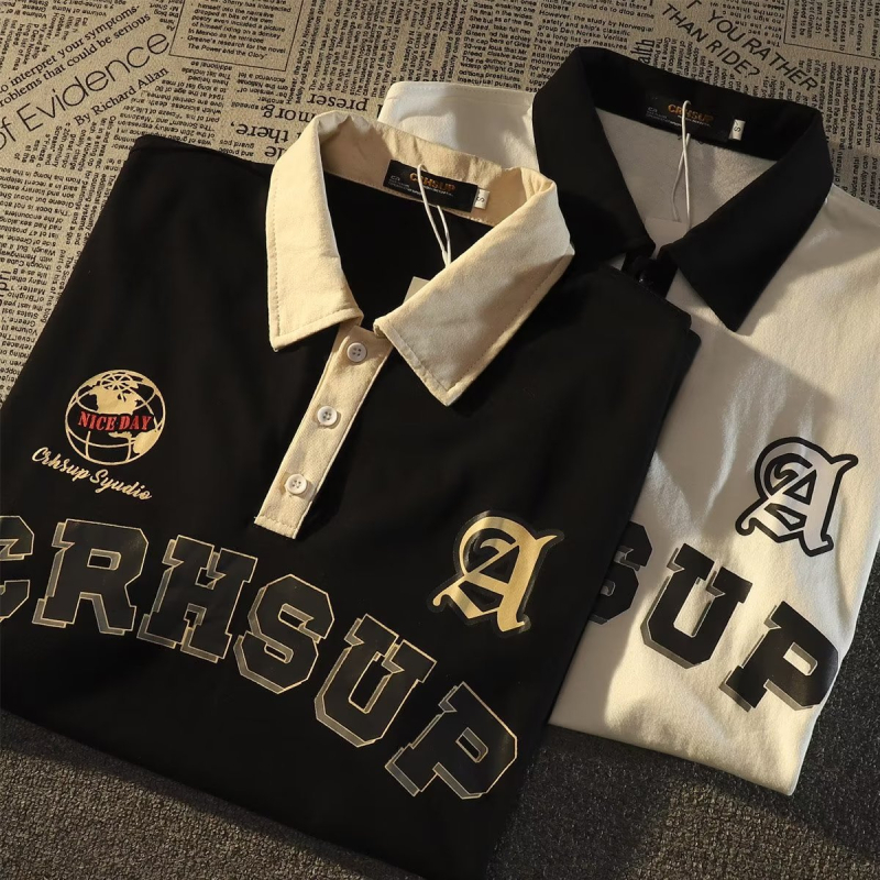 Muška polo majica s kratkim rukavima, japanski Harajuku stil, ljeto 2023, mlada moda, pruge i vezenje
