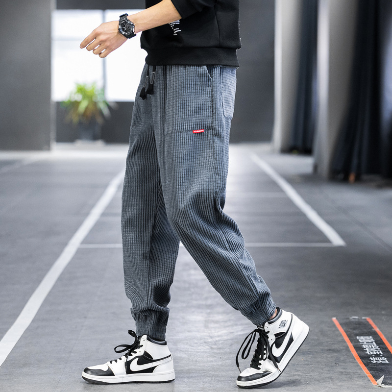 Ανδρικά παντελόνια corduroy με επένδυση fleece, φθινοπωρινά-χειμωνιάτικα, χοντρά, στενεύουν στον αστράγαλο, μονόχρωμα, plus size