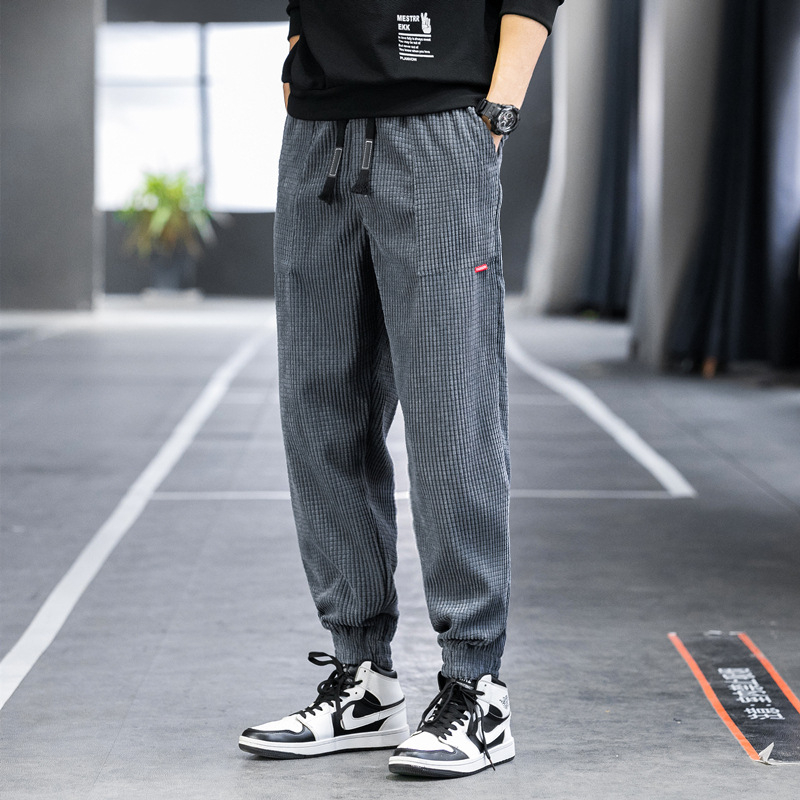 Ανδρικά παντελόνια corduroy με επένδυση fleece, φθινοπωρινά-χειμωνιάτικα, χοντρά, στενεύουν στον αστράγαλο, μονόχρωμα, plus size