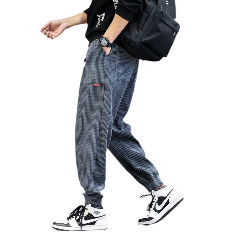 Ανδρικά παντελόνια corduroy με επένδυση fleece, φθινοπωρινά-χειμωνιάτικα, χοντρά, στενεύουν στον αστράγαλο, μονόχρωμα, plus size