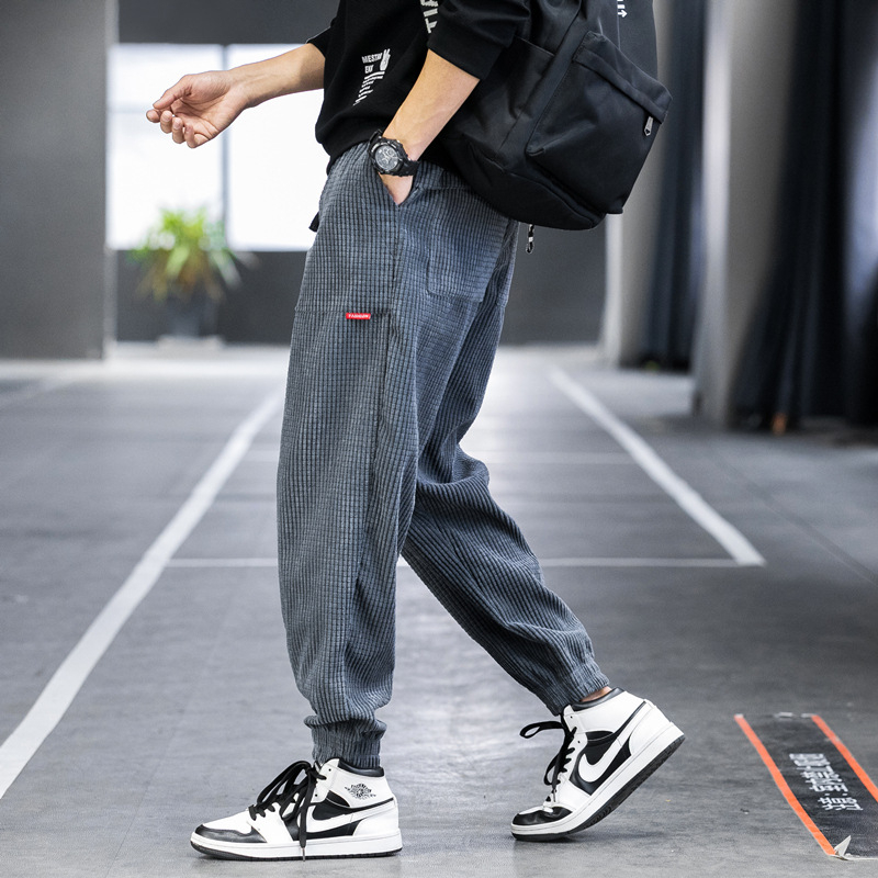 Ανδρικά παντελόνια corduroy με επένδυση fleece, φθινοπωρινά-χειμωνιάτικα, χοντρά, στενεύουν στον αστράγαλο, μονόχρωμα, plus size