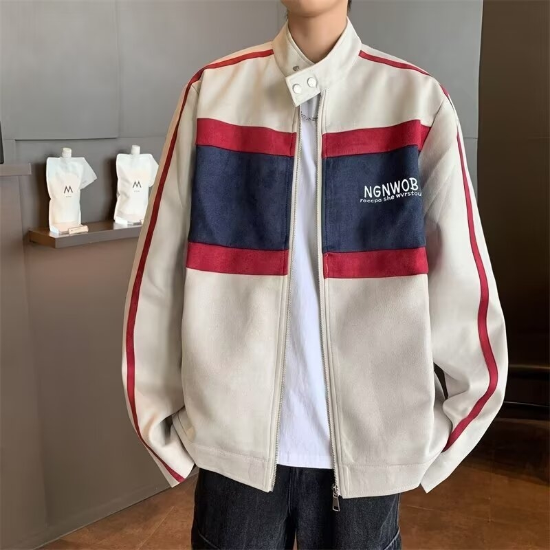 Férfi suede kabát állógallérral, patchwork dizájnnal, színblokkokkal, tavasz–ősz biker stílusú, csíkos baseball kabát