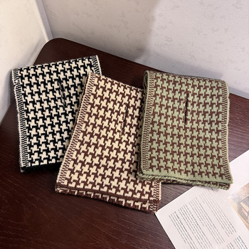 Korejski inspiriran mali uzorak houndstooth pleteni šal, križasti dizajn, umjetnička toplina za zimu, veličina 85×17 cm, unisex