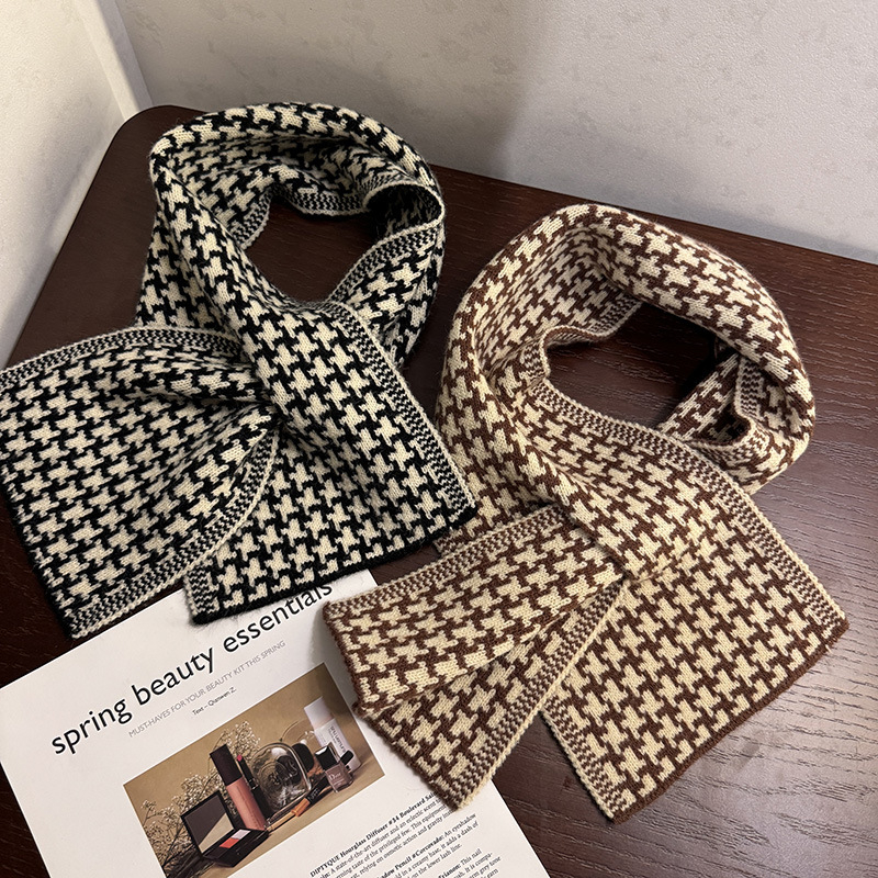Korejski inspiriran mali uzorak houndstooth pleteni šal, križasti dizajn, umjetnička toplina za zimu, veličina 85×17 cm, unisex