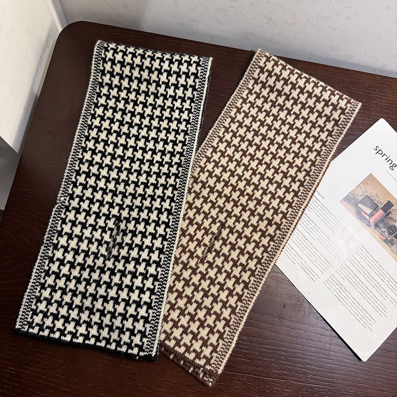 Korejski inspiriran mali uzorak houndstooth pleteni šal, križasti dizajn, umjetnička toplina za zimu, veličina 85×17 cm, unisex