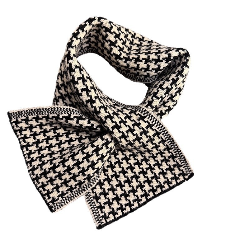 Korejski inspiriran mali uzorak houndstooth pleteni šal, križasti dizajn, umjetnička toplina za zimu, veličina 85×17 cm, unisex