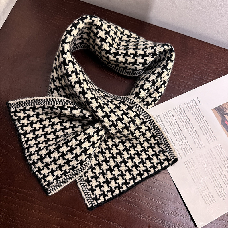 Korejski inspiriran mali uzorak houndstooth pleteni šal, križasti dizajn, umjetnička toplina za zimu, veličina 85×17 cm, unisex