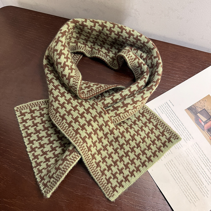 Korejski inspiriran mali uzorak houndstooth pleteni šal, križasti dizajn, umjetnička toplina za zimu, veličina 85×17 cm, unisex