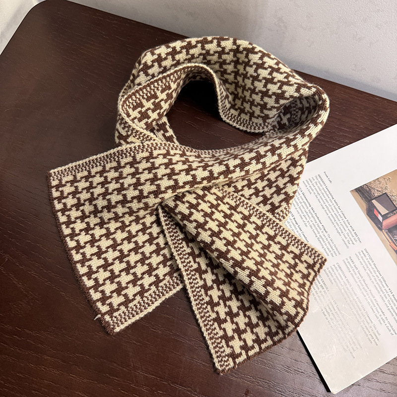 Korejski inspiriran mali uzorak houndstooth pleteni šal, križasti dizajn, umjetnička toplina za zimu, veličina 85×17 cm, unisex
