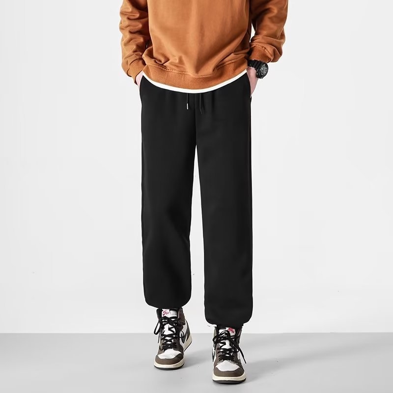 Muške casual hlače, crne, širokih nogavica, s vezicom, sportski stil, duljina 9/10