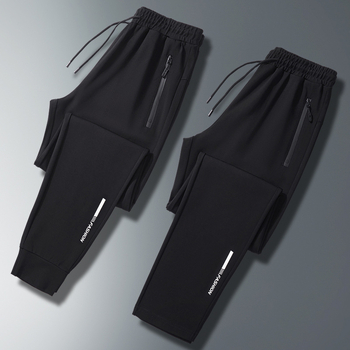 Muške ljetne tanke sportske hlače, Tencel-pamuk-ice silk, srednja visina struka, ravni kroj, s pojasom