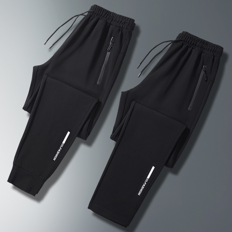 Muške ljetne tanke sportske hlače, Tencel-pamuk-ice silk, srednja visina struka, ravni kroj, s pojasom