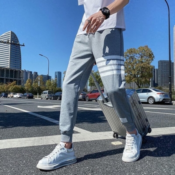 Muške sportske hlače u korejskom stilu, s četiri trake, uski kroj, manžeta na gležnju, cropped casual
