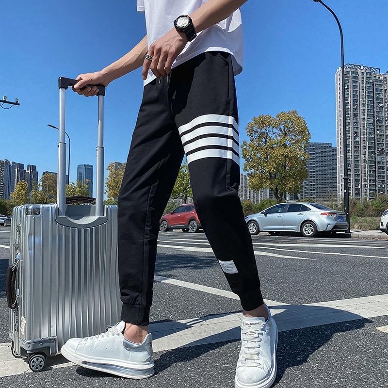 Muške sportske hlače u korejskom stilu, s četiri trake, uski kroj, manžeta na gležnju, cropped casual