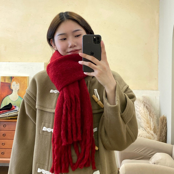 Crveni zimski šal u korejskom stilu, jednobojni pleteni šal s resicama, unisex