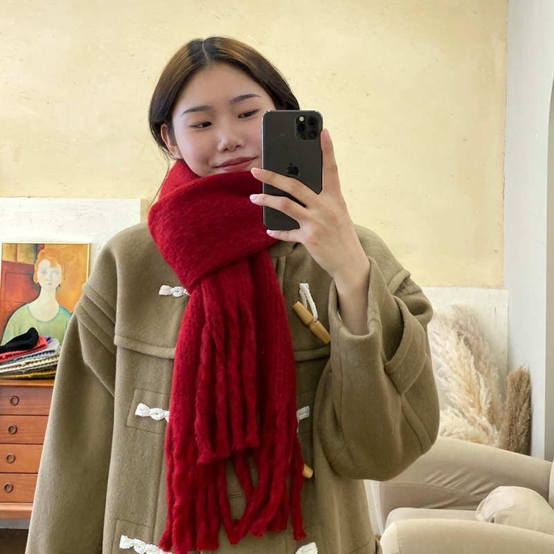 Crveni zimski šal u korejskom stilu, jednobojni pleteni šal s resicama, unisex