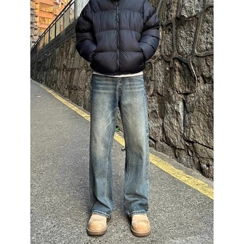Cleanfit vintage plave traperice za muškarce, visok rast, opušten kroj ravnih nogavica s blagim širenjem, američki gradski stil