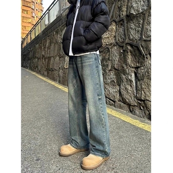 Cleanfit vintage plave traperice za muškarce, visok rast, opušten kroj ravnih nogavica s blagim širenjem, američki gradski stil