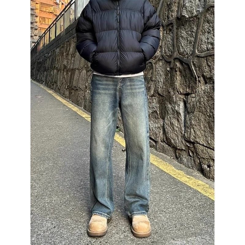 Cleanfit vintage plave traperice za muškarce, visok rast, opušten kroj ravnih nogavica s blagim širenjem, američki gradski stil