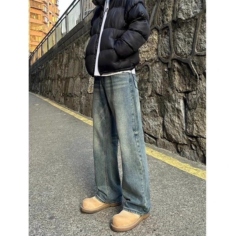 Cleanfit vintage plave traperice za muškarce, visok rast, opušten kroj ravnih nogavica s blagim širenjem, američki gradski stil