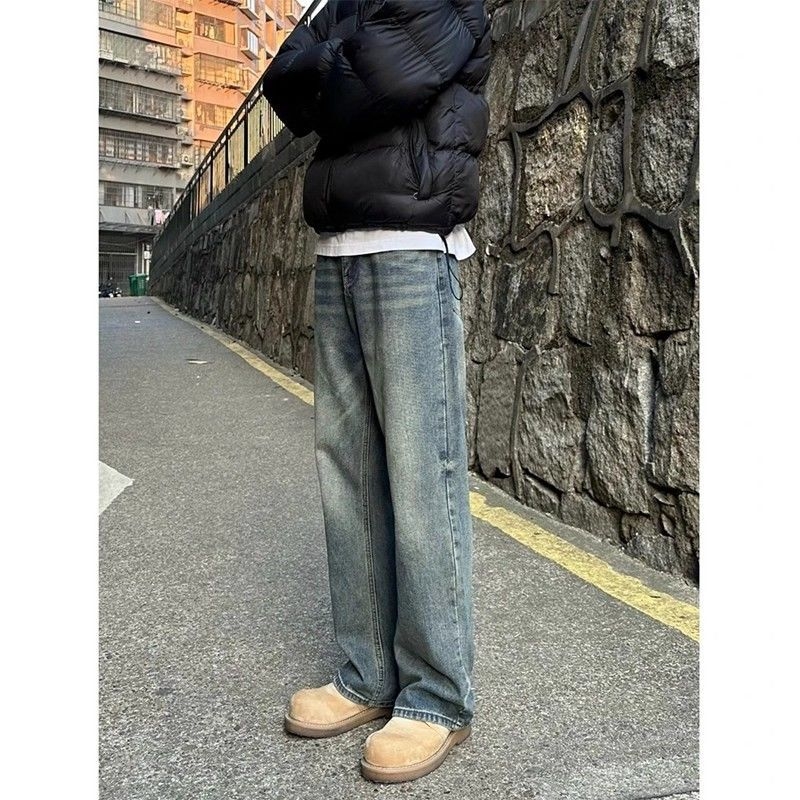 Cleanfit vintage plave traperice za muškarce, visok rast, opušten kroj ravnih nogavica s blagim širenjem, američki gradski stil