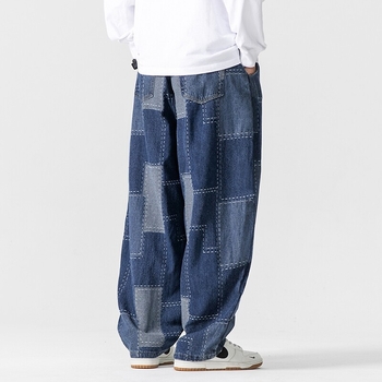 Muške traperice u japanskom retro stilu, široke i ravnog kroja, patchwork jacquard detalji, plus size
