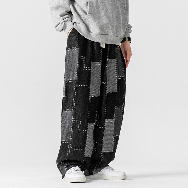 Muške traperice u japanskom retro stilu, široke i ravnog kroja, patchwork jacquard detalji, plus size