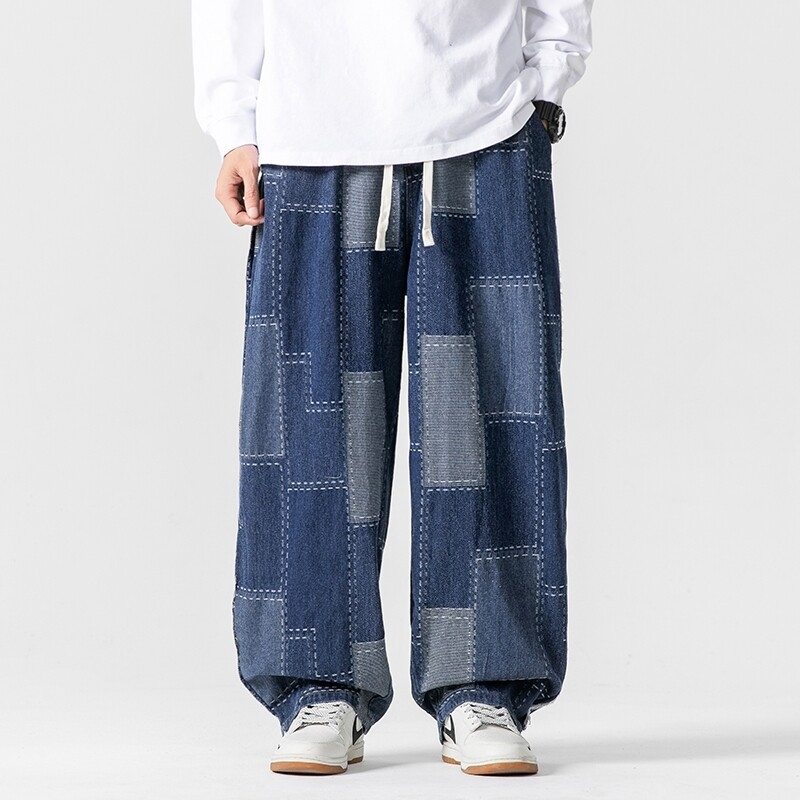 Muške traperice u japanskom retro stilu, široke i ravnog kroja, patchwork jacquard detalji, plus size