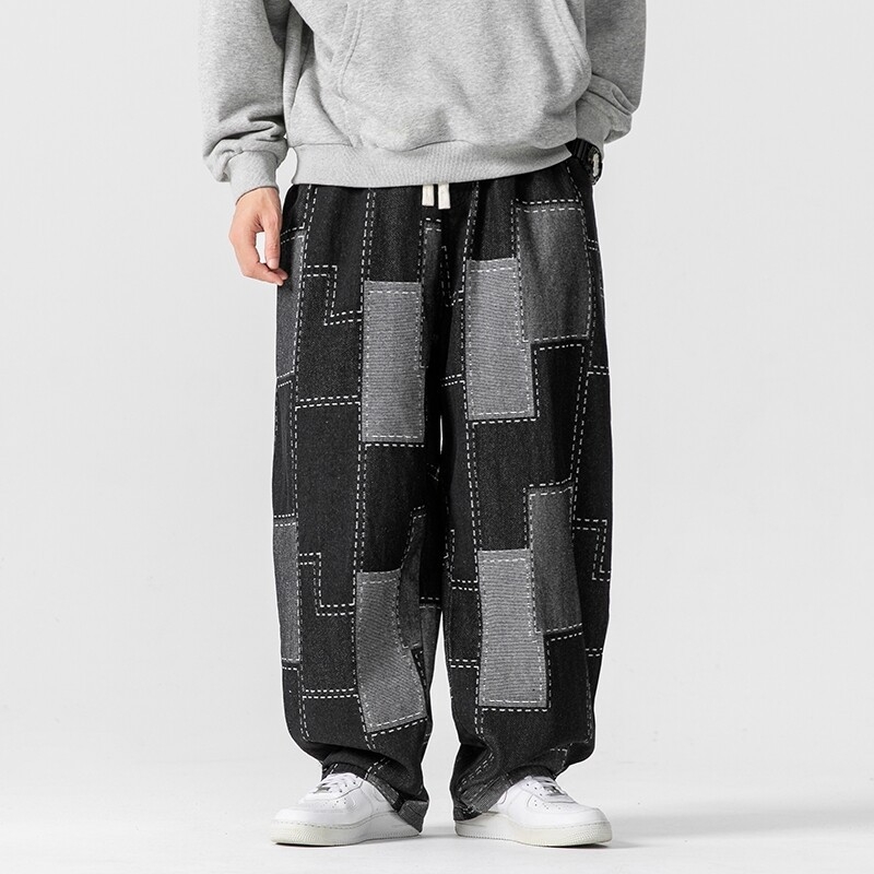 Muške traperice u japanskom retro stilu, široke i ravnog kroja, patchwork jacquard detalji, plus size
