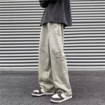 Nove američke streetwear traperice za muškarce s izblijedjelim pranjem i izvezenim detaljima, ravni kroj, opuštena silueta, duge hlače