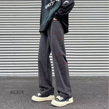 Nove američke streetwear traperice za muškarce s izblijedjelim pranjem i izvezenim detaljima, ravni kroj, opuštena silueta, duge hlače