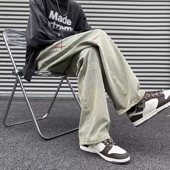 Nove američke streetwear traperice za muškarce s izblijedjelim pranjem i izvezenim detaljima, ravni kroj, opuštena silueta, duge hlače