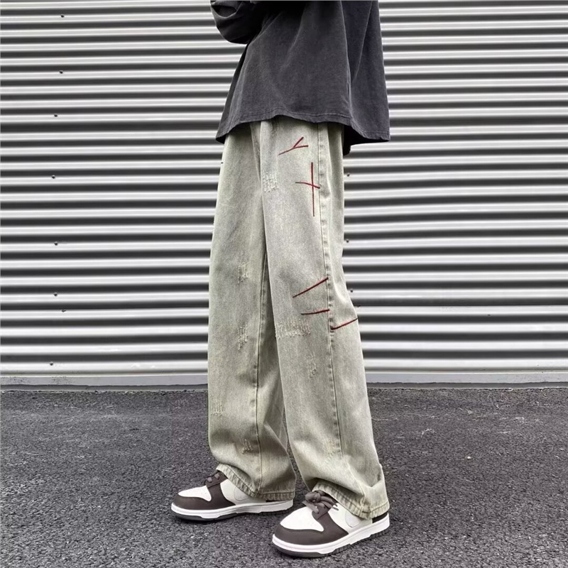 Nove američke streetwear traperice za muškarce s izblijedjelim pranjem i izvezenim detaljima, ravni kroj, opuštena silueta, duge hlače