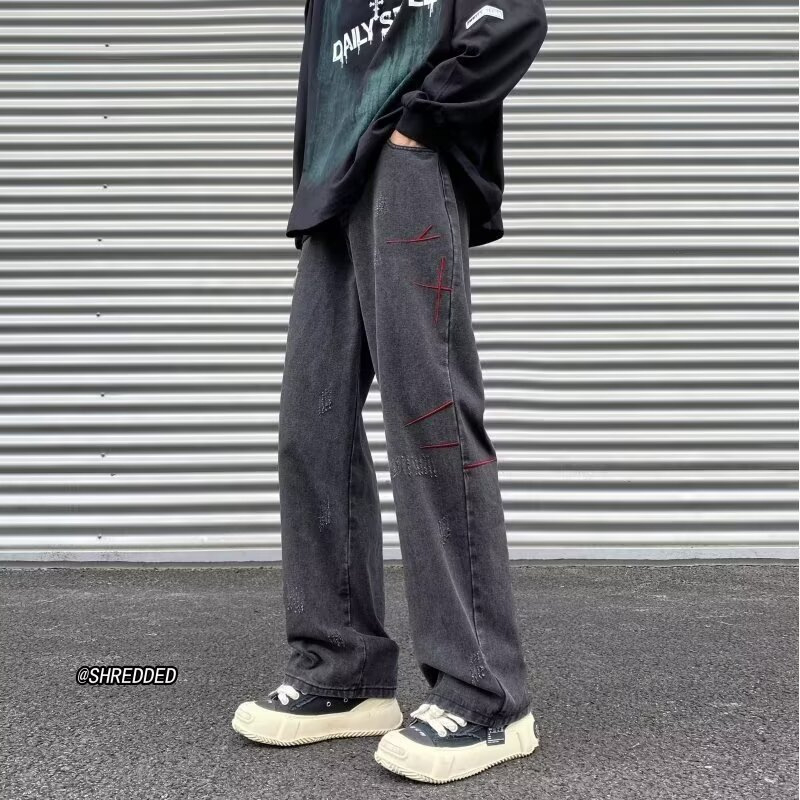 Nove američke streetwear traperice za muškarce s izblijedjelim pranjem i izvezenim detaljima, ravni kroj, opuštena silueta, duge hlače