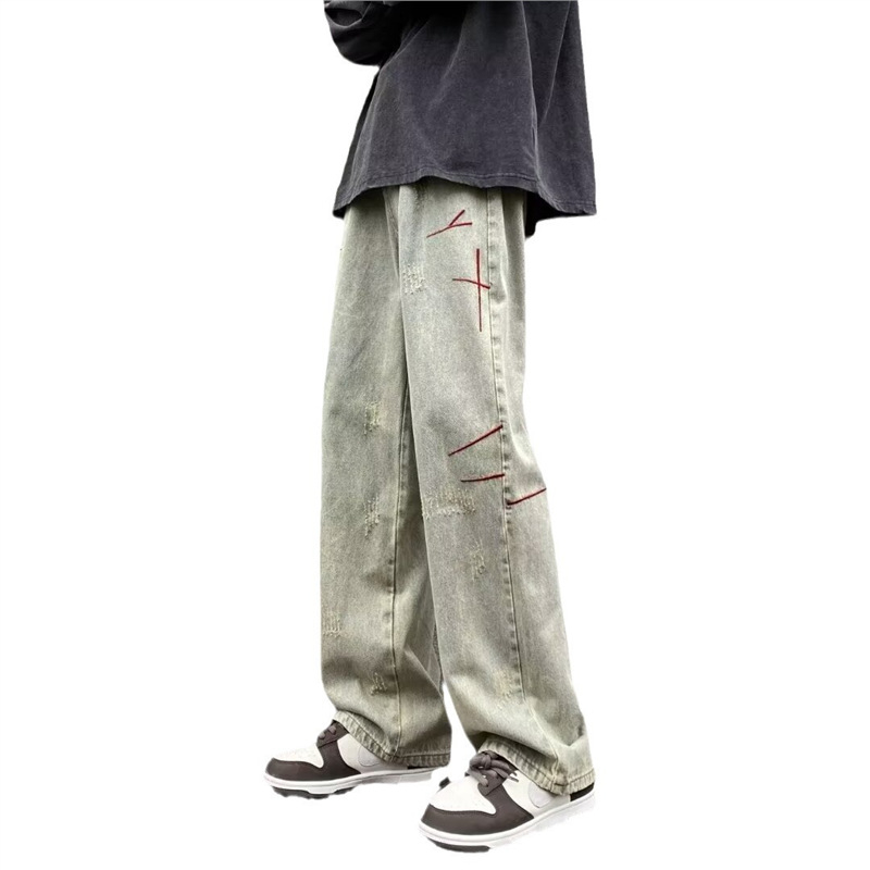 Nove američke streetwear traperice za muškarce s izblijedjelim pranjem i izvezenim detaljima, ravni kroj, opuštena silueta, duge hlače