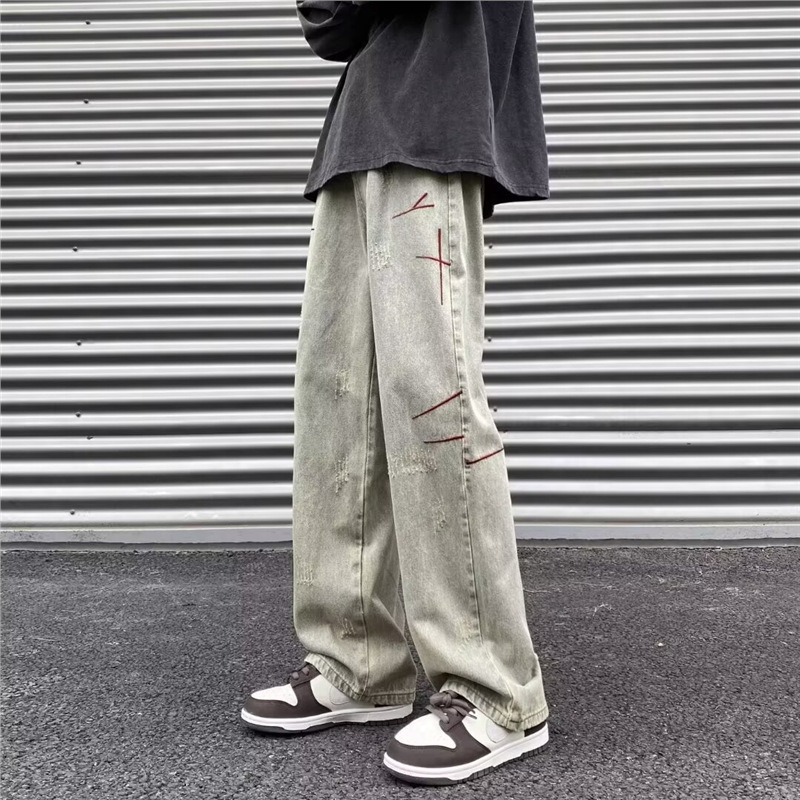 Nove američke streetwear traperice za muškarce s izblijedjelim pranjem i izvezenim detaljima, ravni kroj, opuštena silueta, duge hlače