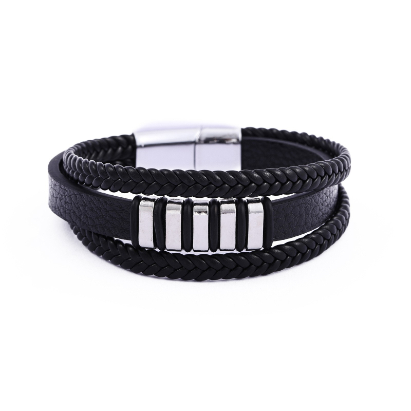 Muška kožna narukvica s višeslojnim dizajnom, perlicama, pleteni uzorak, magnetska kopča, punk stil