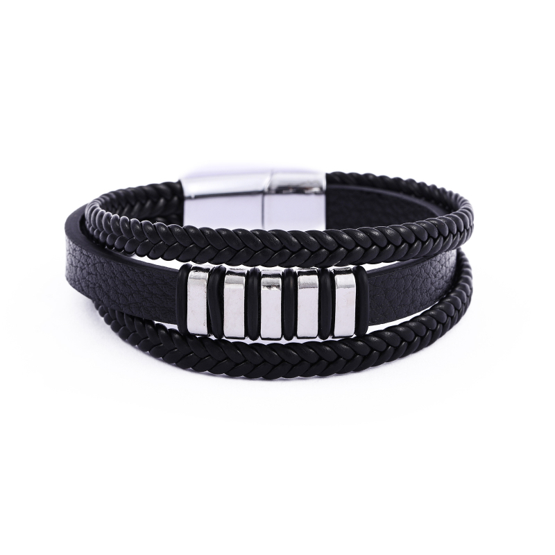 Muška kožna narukvica s višeslojnim dizajnom, perlicama, pleteni uzorak, magnetska kopča, punk stil
