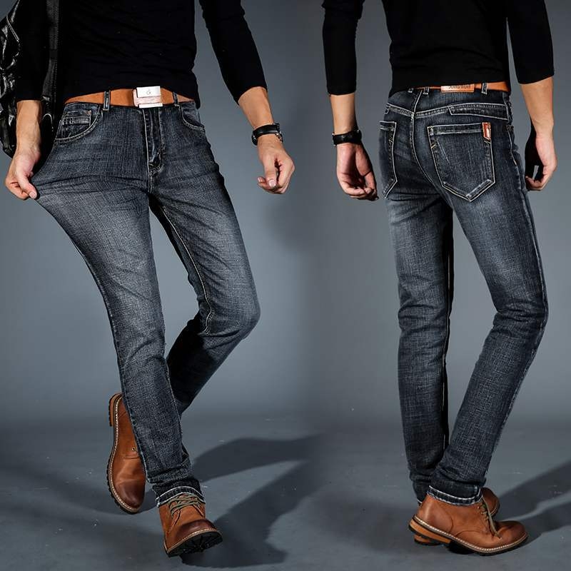 Ανδρικά τζιν από ελαστικό denim με επένδυση φλίς, ίσια γραμμή, στενή εφαρμογή, φθινοπωρινό-χειμερινό casual.