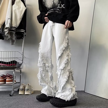 Muške traperice s frayed rubom, denim, jesen-zimska moda, straight kroj, street hip-hop stil