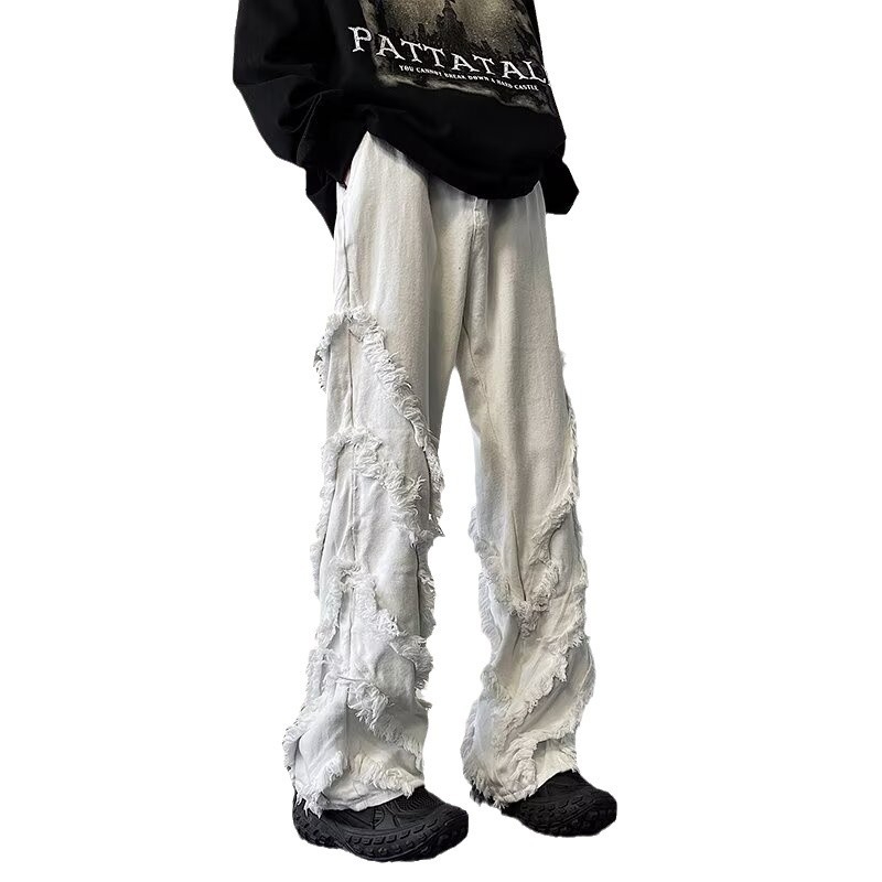 Muške traperice s frayed rubom, denim, jesen-zimska moda, straight kroj, street hip-hop stil