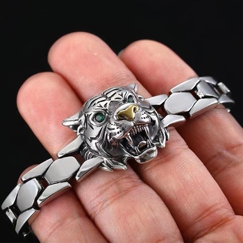 Narukvica s glavom tigra i metalnom trakom – Unisex, vintage stil