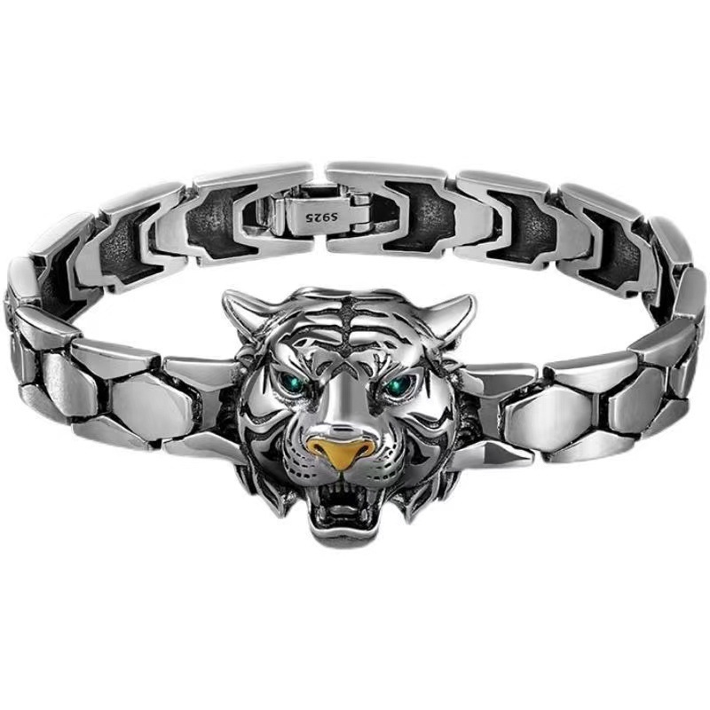 Narukvica s glavom tigra i metalnom trakom – Unisex, vintage stil