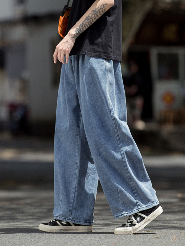 Ανδρικά τζιν denim σε ιαπωνικό ρετρό στυλ, φαρδιά πόδια, χαλαρή γραμμή, 80% βαμβάκι, φθινοπωρο-χειμώνας