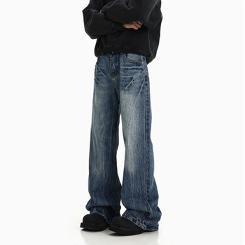 Διακρατικά βιντάζ μαύρα πλυμένα τζιν για άνδρες, ίσια γραμμή, στυλ μόδας δρόμου υψηλής αισθητικής, χαλαρή ευρεία γραμμή με ίσια πόδια