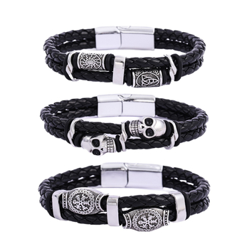 Personalizirana dvostruka kožna narukvica Viking, muški retro uzor lubanje, hip-hop stil